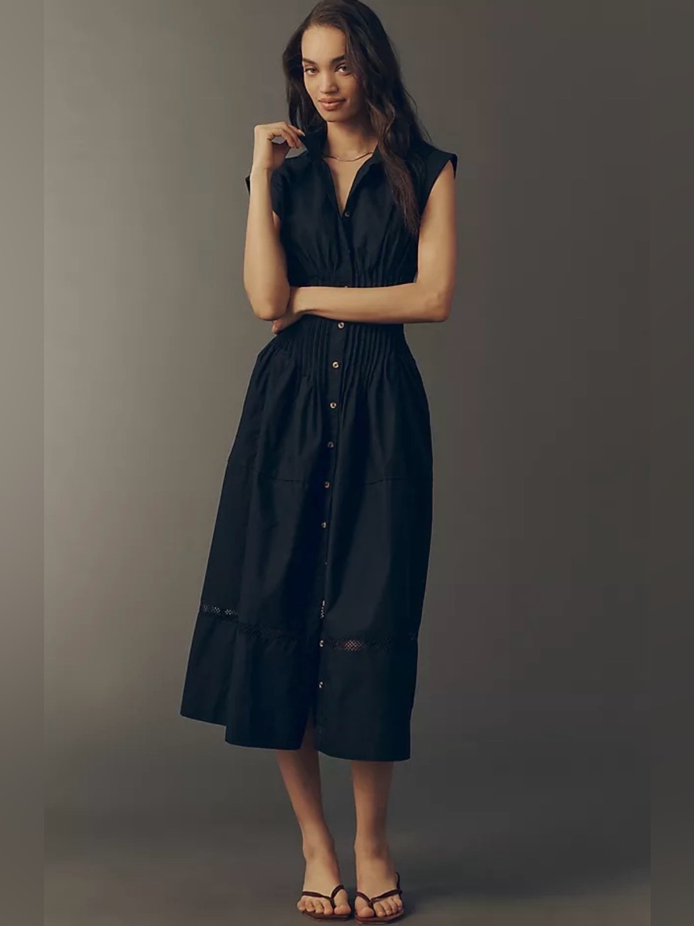 Anthropologie Maeve 100% Cotton Black Waisted Midi Shirtdress Large NWT